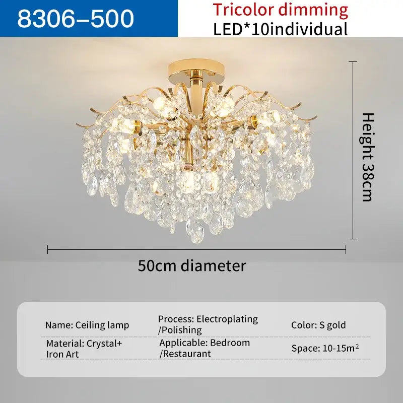 Gold-trimmed decorbites crystal chandelier with 10 tricolor LED lights for modern romantic lighting fixture