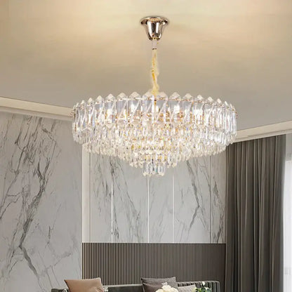 Luxury decorbites crystal chandelier with polished chrome mount and clear faceted crystals for elegant living room decor