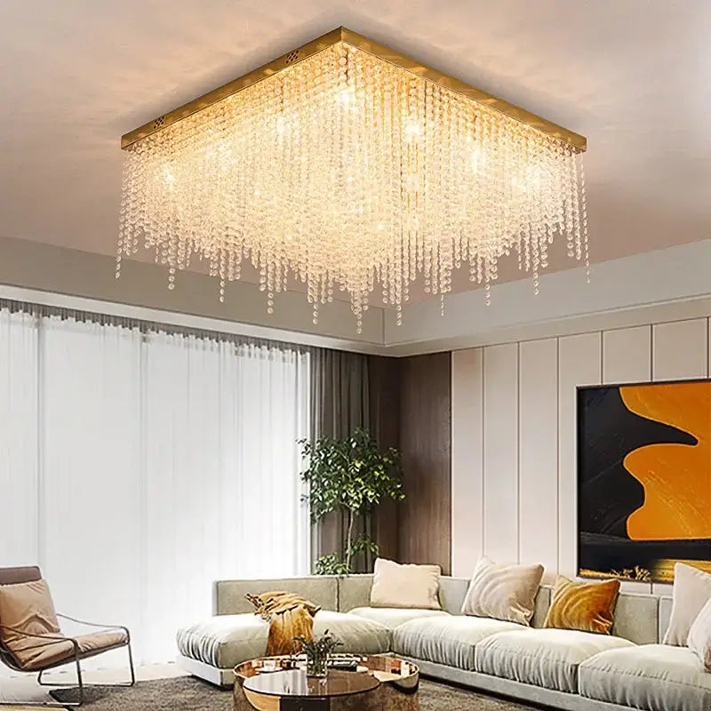 Square crystal chandelier with gold frame and cascading clear glass droplets by DecorBites crystal chandelier for living room