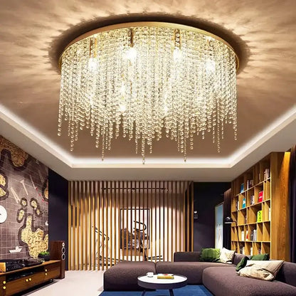 Decorbites crystal chandelier with gold-toned frame and cascading clear glass beads for luxury living room lighting