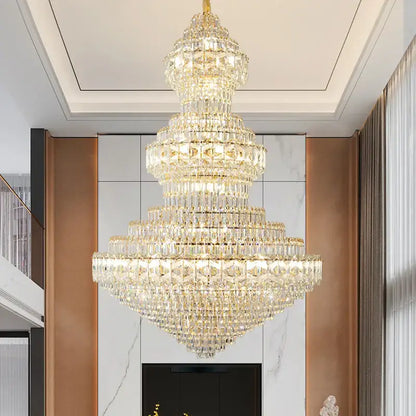 Decorbites crystal chandelier with gold-finished frame and cascading clear faceted crystals for luxury living room lighting
