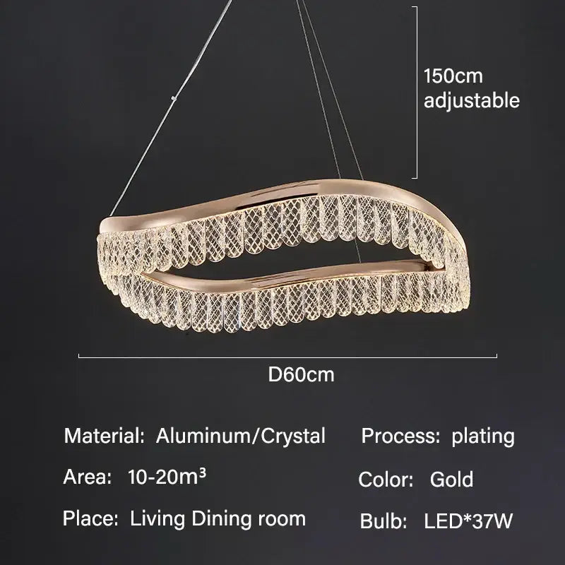 Decorbites crystal chandelier luxury gold-plated aluminum and crystal with sleek wavy design for living spaces