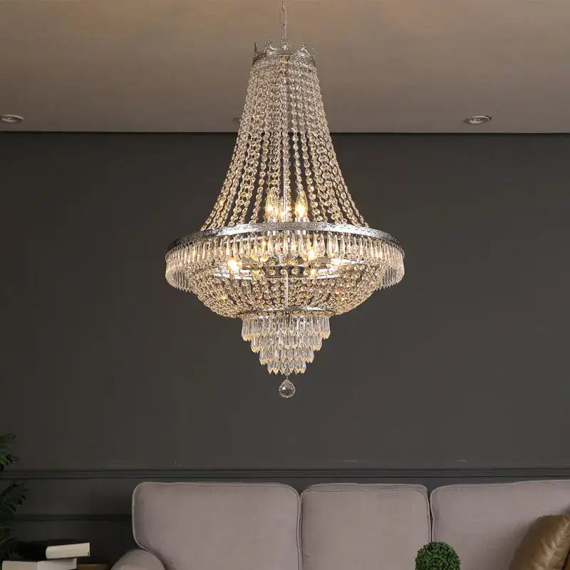 Decorbites crystal chandelier with silver frame and cascading glass beads luxury LED pendant light for living room and lobby