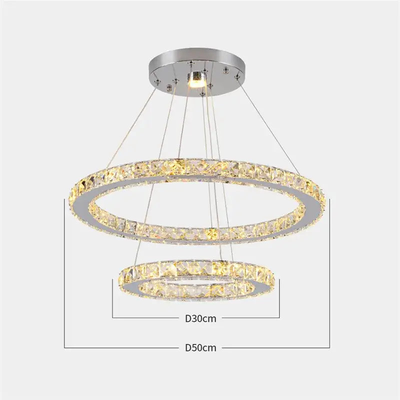 Modern decorbites crystal chandelier with double-ring design, crystal accents, and sleek chrome finish for living room lighting