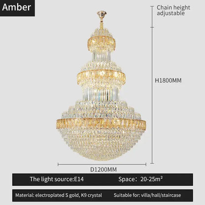 Amber multi-tiered decorbites crystal chandelier featuring clear and amber k9 crystals on gold electroplated frame for luxury lighting