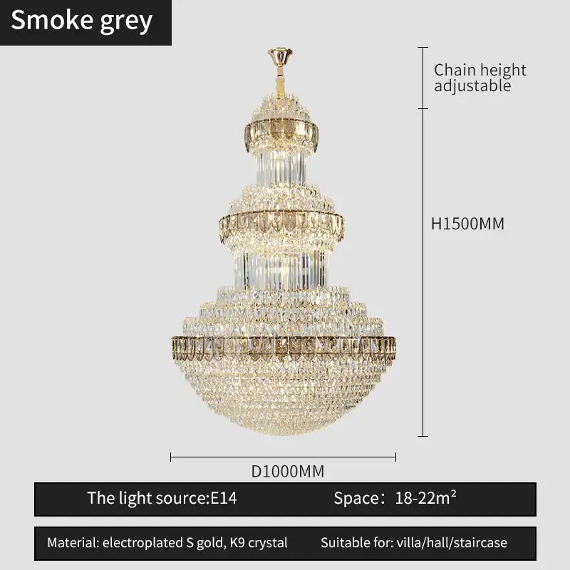 Decorbites crystal chandelier with multi-tiered smoke grey k9 crystals and gold electroplated accents for luxury lighting