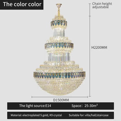 A decorbites crystal chandelier with a gold electroplated frame and blue-tinted k9 crystals for luxury lighting
