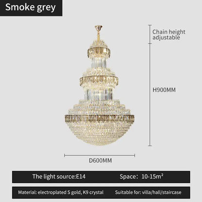 Smoke grey tiered decorbites crystal chandelier with electroplated gold and k9 crystal for luxury lighting in villas hotels and offices