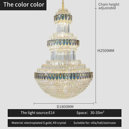 A decorbites crystal chandelier with gold electroplated frame and k9 crystal tiers featuring blue accents for luxury lighting