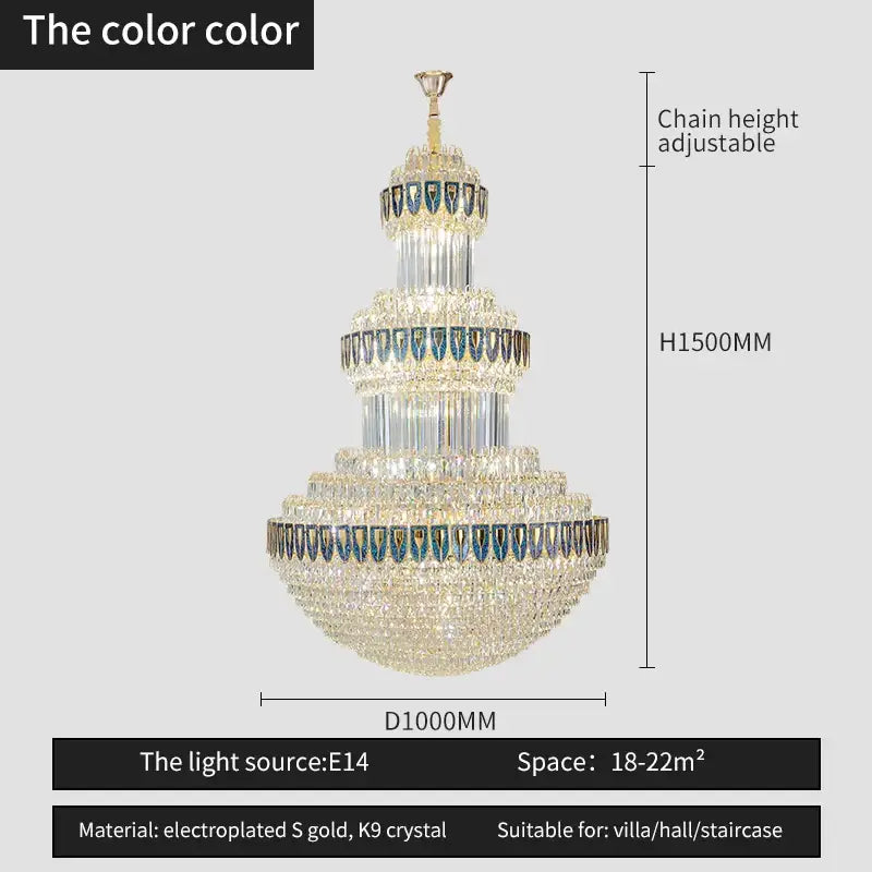 Decorbites crystal chandelier with gold electroplated frame and blue-tinted k9 crystals for luxury lighting in villas and hotels