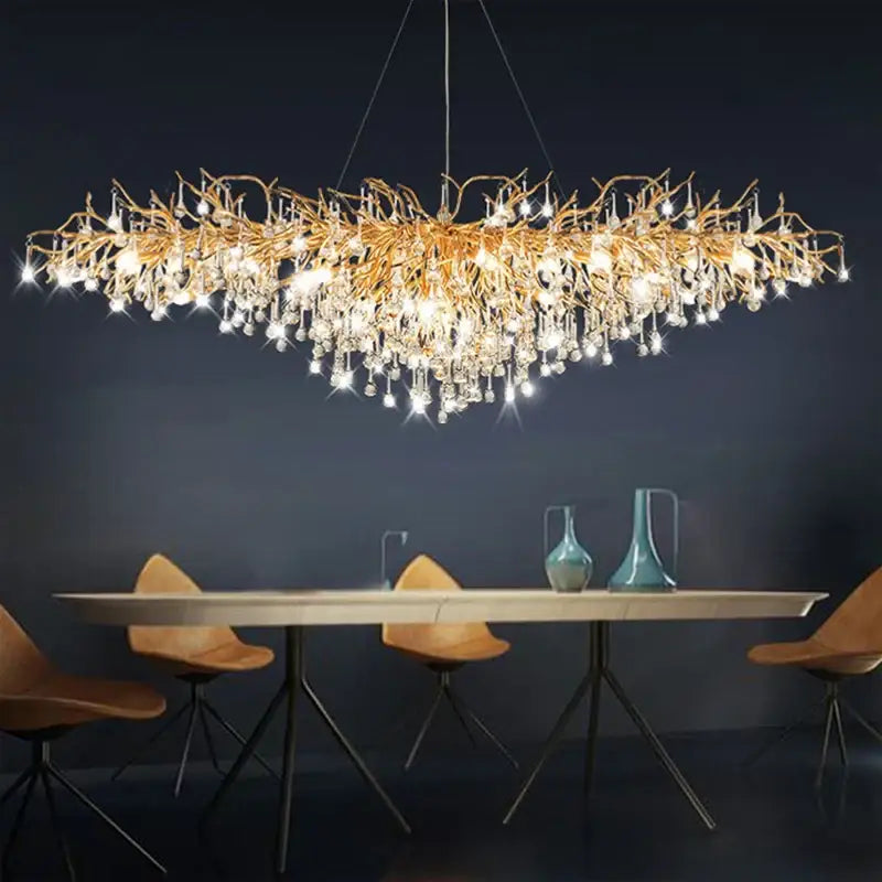Golden branch-like decorbites crystal chandelier adorned with sparkling crystal droplets luxury living decor lighting fixture