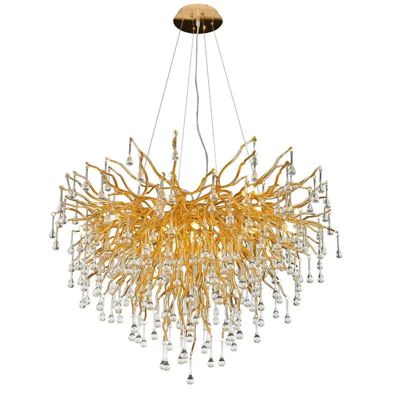 Golden decorbites crystal chandelier with intricate branch-like arms and dangling crystal droplets for luxury lighting