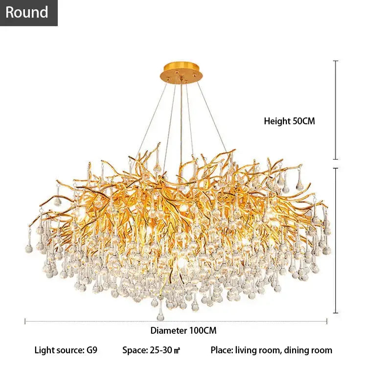 Decorbites crystal chandelier featuring a golden branch style with dangling crystal droplets for luxury living decor lighting