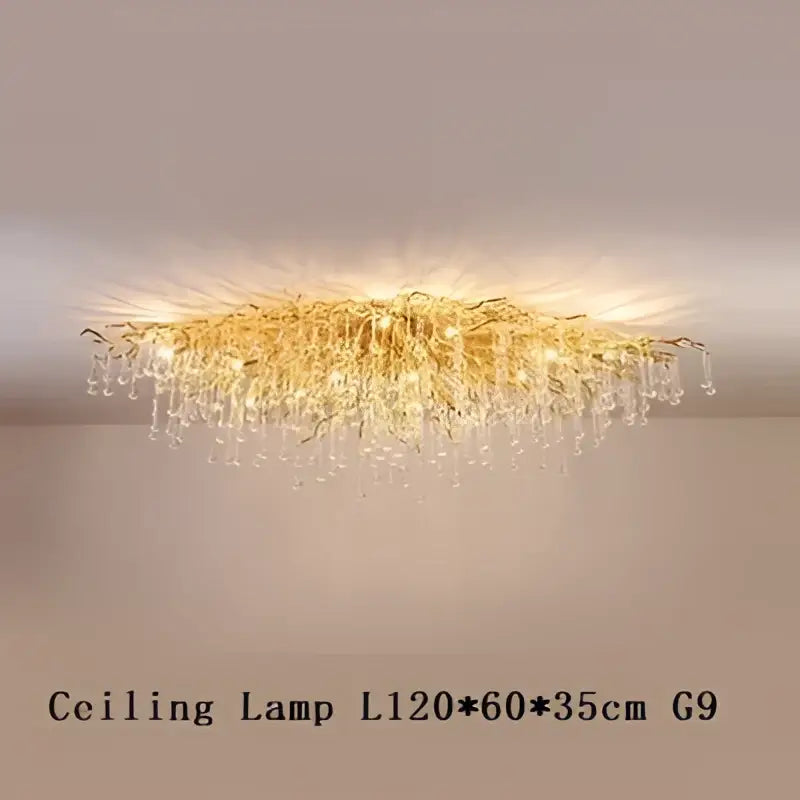 Gold-toned DecorBites crystal chandelier with cascading glass droplets in a modern elegant design for luxury lighting