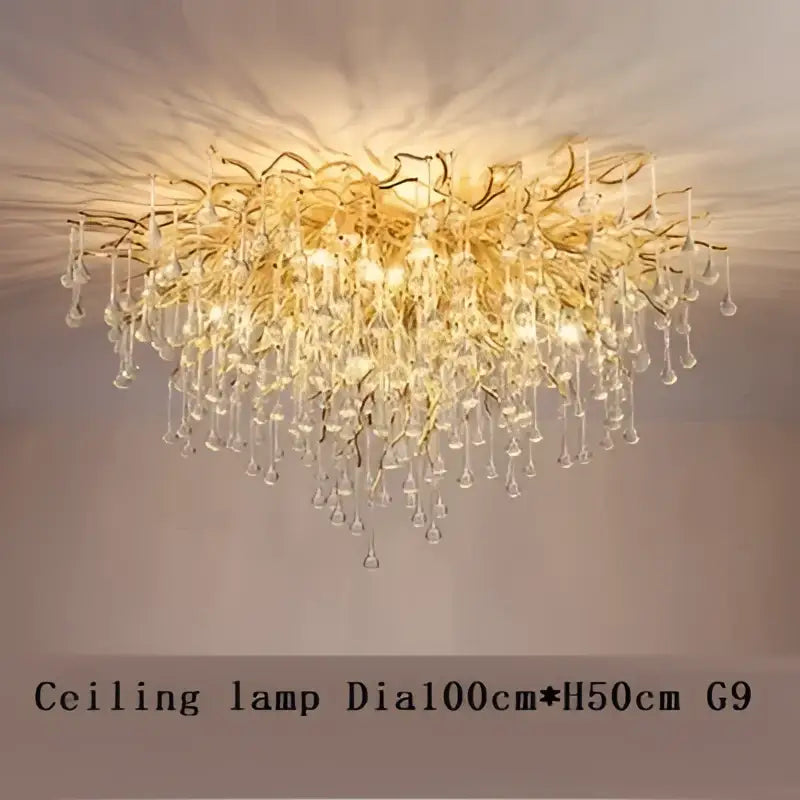 Golden branch-style decorbites crystal chandelier with dangling crystal droplets for luxury living decor lighting fixture