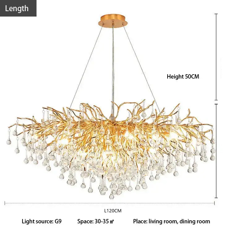 Golden branch-style decorbites crystal chandelier with clear crystal droplets and brushed brass finish for luxury lighting