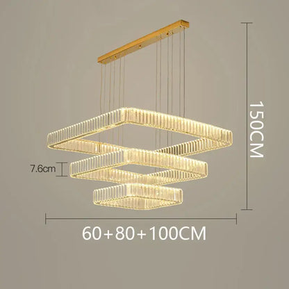 Gold-toned decorbites crystal chandelier with three nested rectangular crystal rod tiers for luxury living room lighting