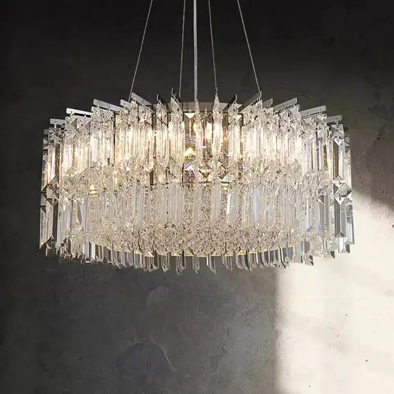 DecorBites crystal chandelier features a modern rectangular design with clear faceted crystal prisms in layered tiers