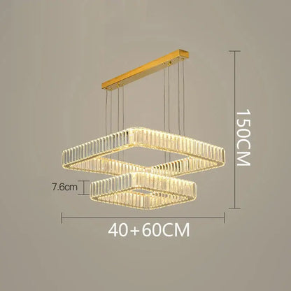 Gold-toned decorbites crystal chandelier with two interlocking rectangular tiers of clear crystal rods for living rooms and bedrooms