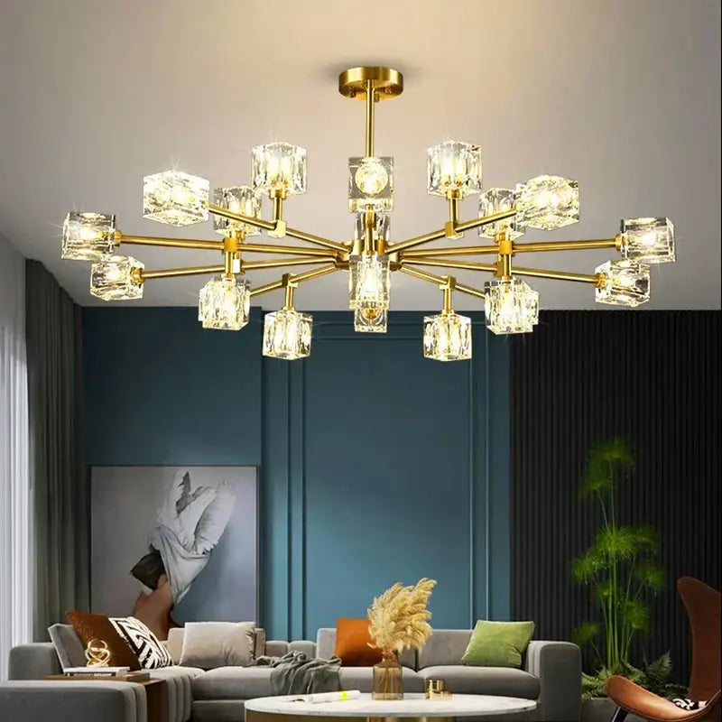 Gold-toned decorbites crystal chandelier with clear cube-shaped crystal lights for luxury living room and bedroom pendant light