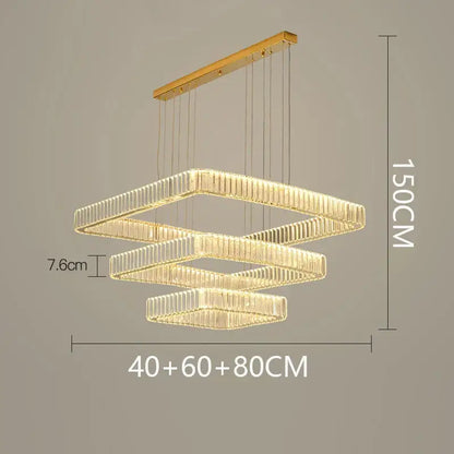 Modern gold-toned decorbites crystal chandelier with three nested rectangular tiers for luxury living room and bedroom lighting