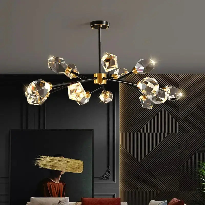 DecorBites crystal chandelier with black metal arms gold accents and faceted crystal pendants for luxury living room lighting