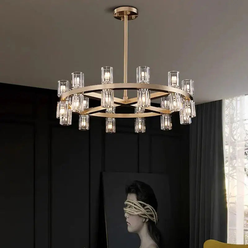 A modern decorbites crystal chandelier with a gold-toned frame and clear glass candle bulbs for luxury rooms