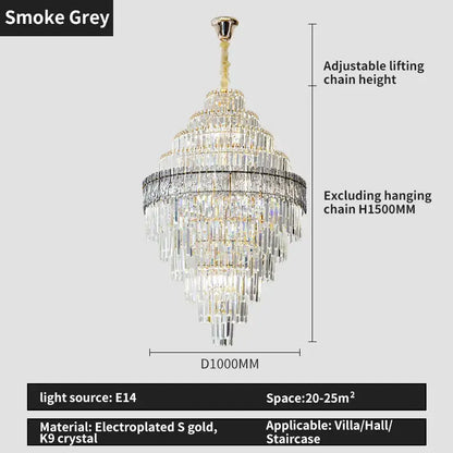 Smoke grey decorbites crystal chandelier with electroplated gold and k9 crystal elements for luxury living rooms