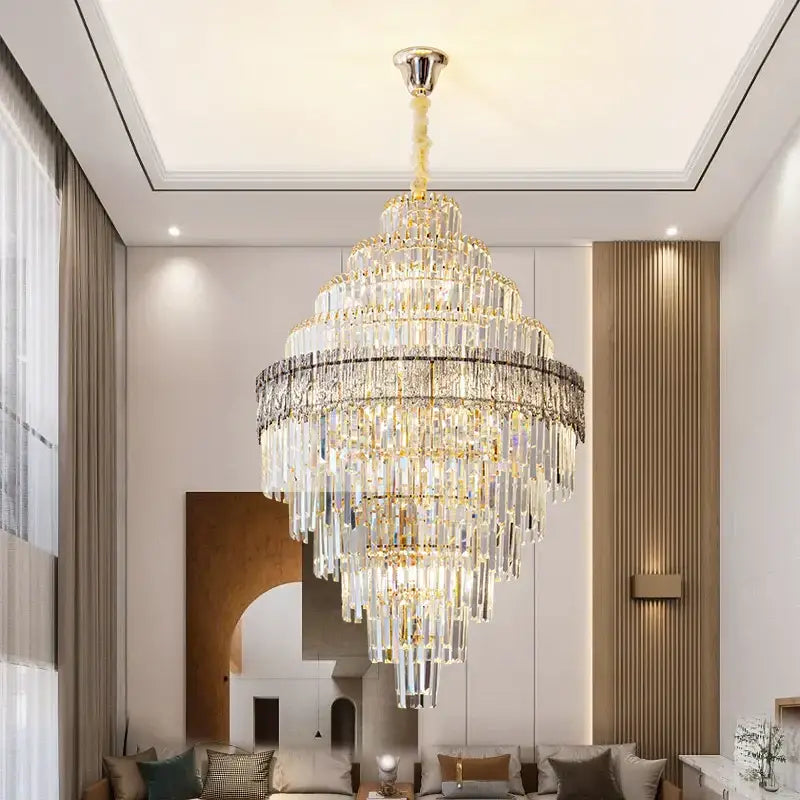 Decorbites crystal chandelier with gold-toned metal frame and clear glass prisms for luxury living room lighting