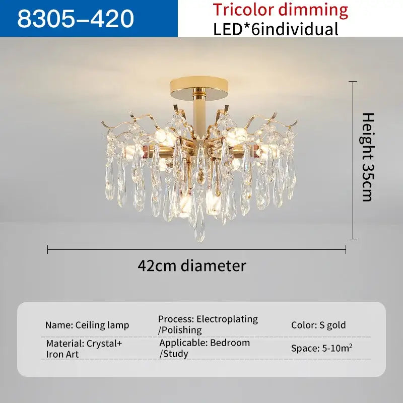 Gold electroplated decorbites crystal chandelier with crystal droplets and six led lights for elegant living space lighting