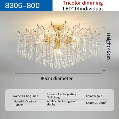 Gold electroplated decorbites crystal chandelier with cascading crystal droplets and 14 tricolor led lights for living space