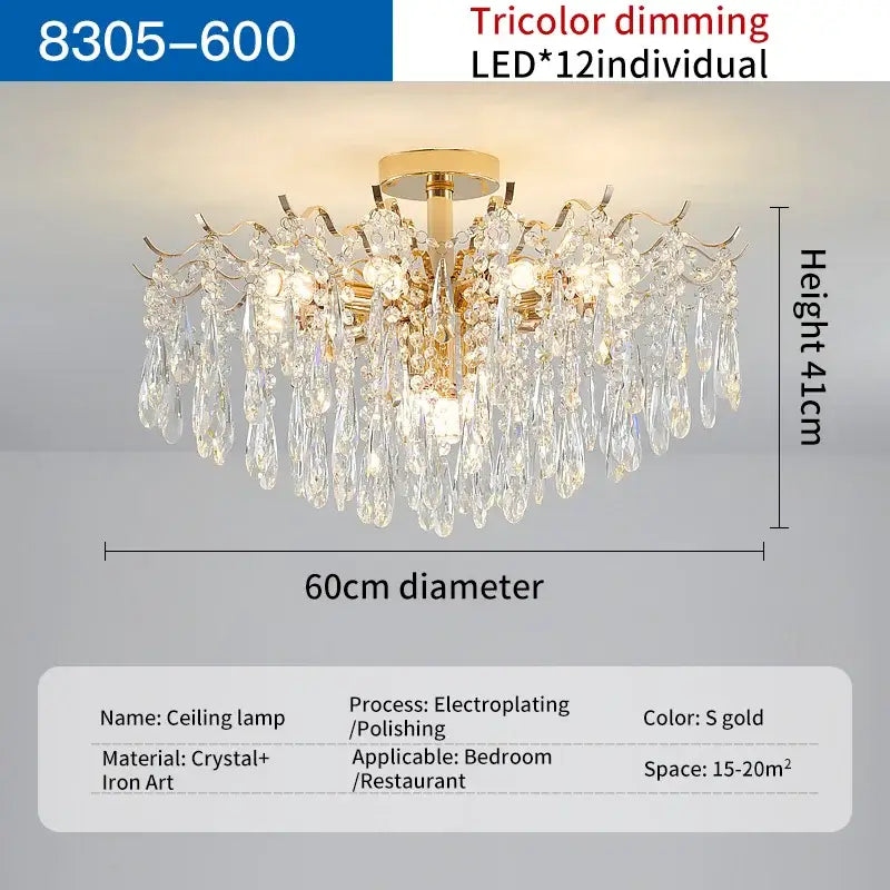 Decorbites crystal chandelier with gold trim and 12 tricolor led lights for luxury living room lighting