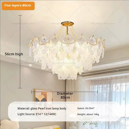 Elegant five-layer decorbites crystal chandelier with translucent white glass pearl-like shells and gold-toned iron frame
