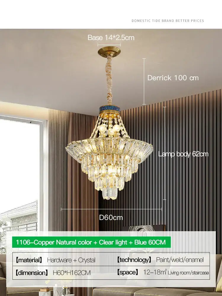 DecorBites crystal chandelier with clear crystals cascading in tiers, copper base, and blue accent for luxury living rooms