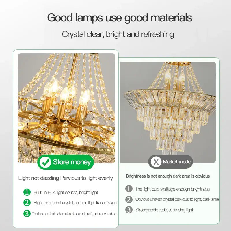 Decorbites crystal chandelier with gold tone and cascading crystal droplets featuring multiple illuminated bulbs for luxury villa lighting