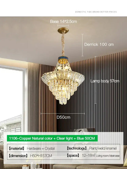DecorBites crystal chandelier with copper frame clear crystals and blue accents luxury living room lighting for villa