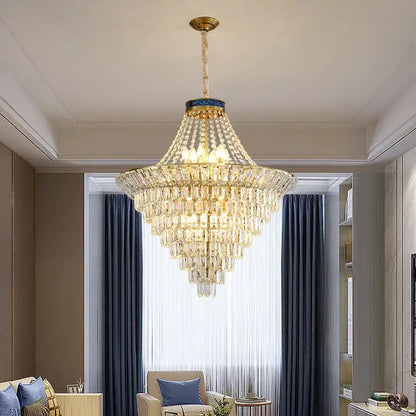 DecorBites crystal chandelier with gold metal frame and cascading clear crystals for luxury villa living room lighting