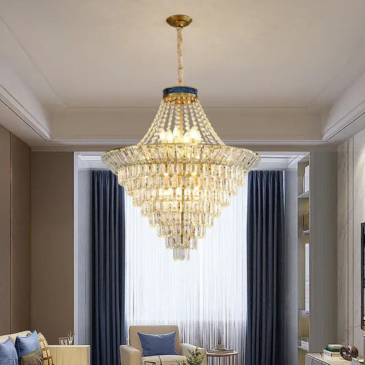 DecorBites crystal chandelier with gold metal frame and cascading clear crystals for luxury villa living room lighting