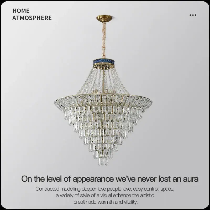 DecorBites crystal chandelier featuring multi-tiered clear glass prisms with gold-toned frame for luxury living room lighting