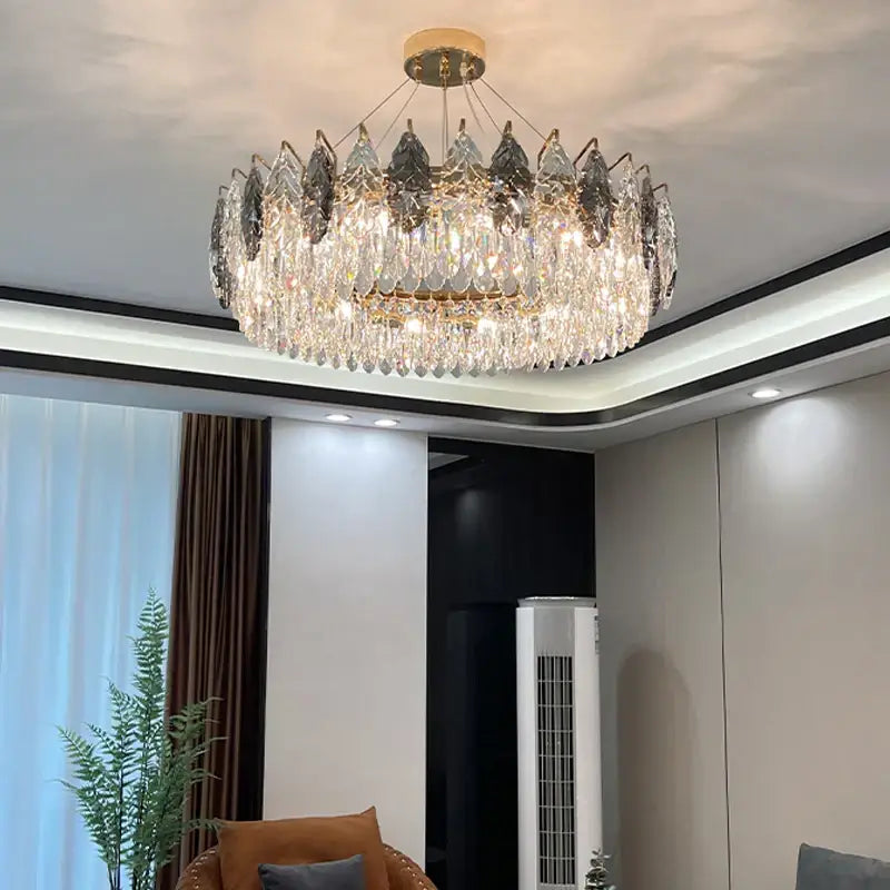 Decorbites crystal chandelier luxury modern lighting with gold frame and clear dark gray teardrop crystals for living room