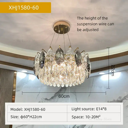 Luxurious decorbites crystal chandelier with gold frame and cascading clear dark gray teardrop crystals for modern lighting
