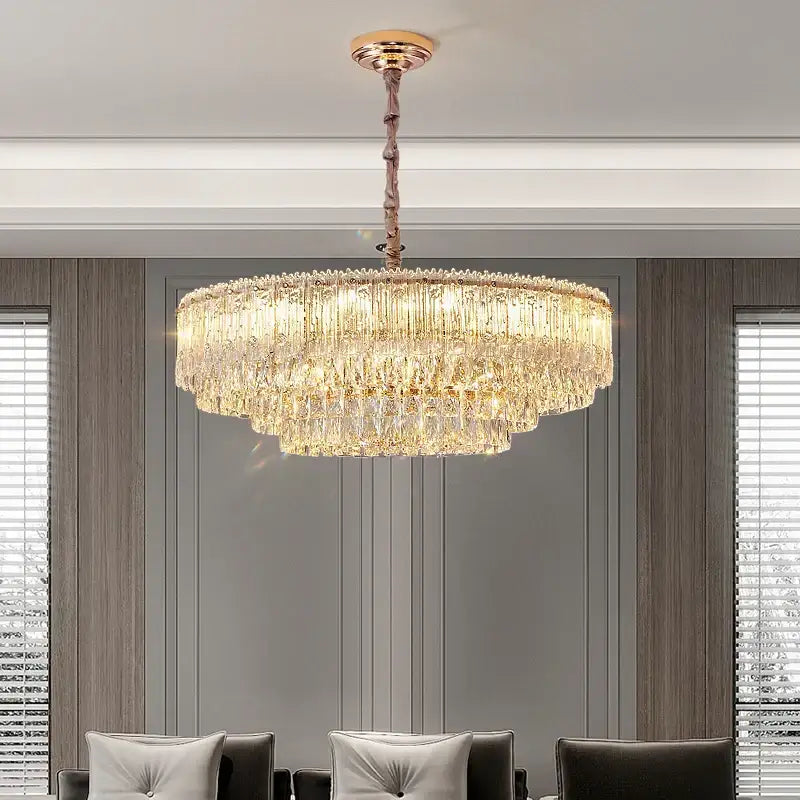 DecorBites crystal chandelier with gold metal frame and cascading clear crystals for luxury modern room lighting