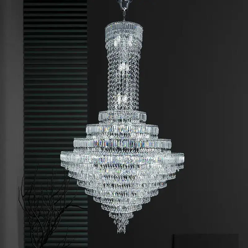 DecorBites crystal chandelier with cascading clear faceted crystals and polished metallic frame for luxury lighting