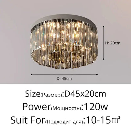 A modern DecorBites crystal chandelier ceiling light with chrome frame and clear crystal prisms refracting warm white LEDs