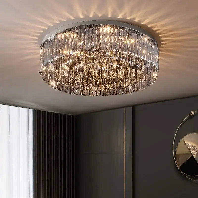 DecorBites crystal chandelier circular ceiling light with clear faceted crystal prisms and polished chrome frame for luxury decor