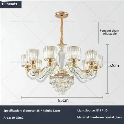 A gold-toned decorbites crystal chandelier with ten crystal glass shades and cascading clear crystals for luxury home use