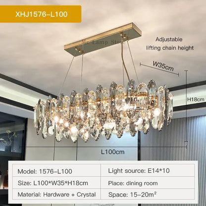 A modern decorbites crystal chandelier with a sleek metallic frame and clear crystal droplets for living spaces