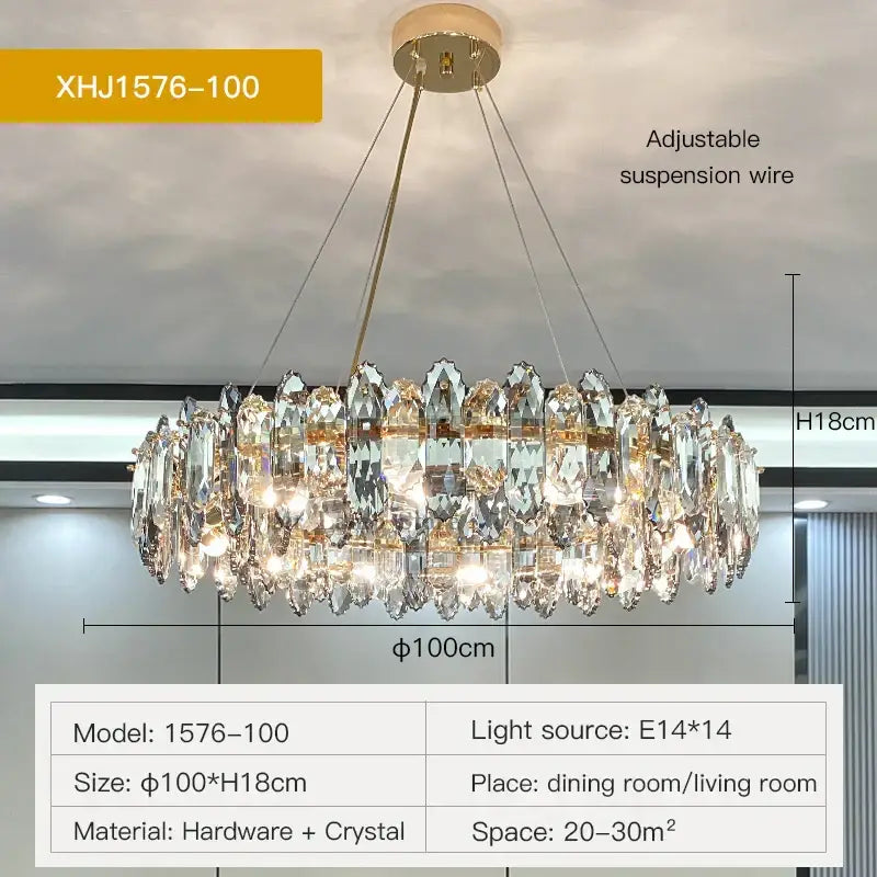 Luxurious gold-toned decorbites crystal chandelier with faceted prisms suspended by adjustable wires for living spaces