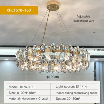Luxurious gold-toned decorbites crystal chandelier with faceted prisms suspended by adjustable wires for living spaces