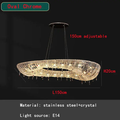 Oval chrome decorbites crystal chandelier with sparkling crystals and adjustable stainless steel frame for living and dining room